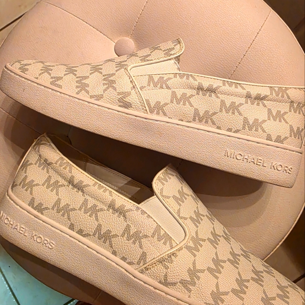 Michael Kors White and Silver Monogram Slip-Ons